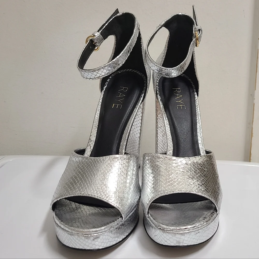 RAYE Dune Metallic Silver Snakeskin Embossed Leather Platform Heels Sz 10